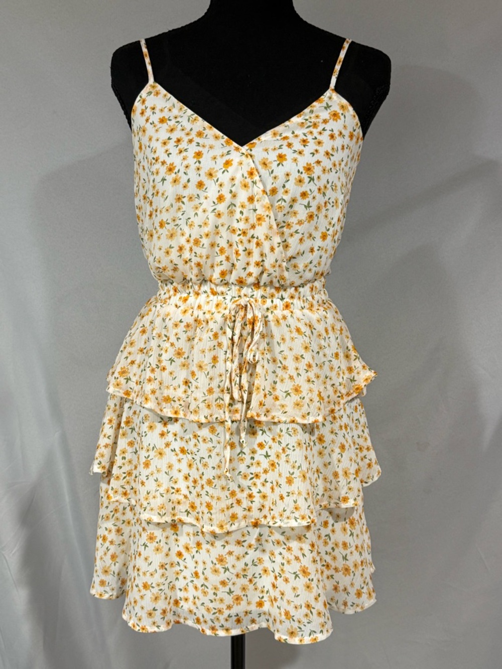 miami White & Yellow Floral Ruffle Tiered Mini Dress